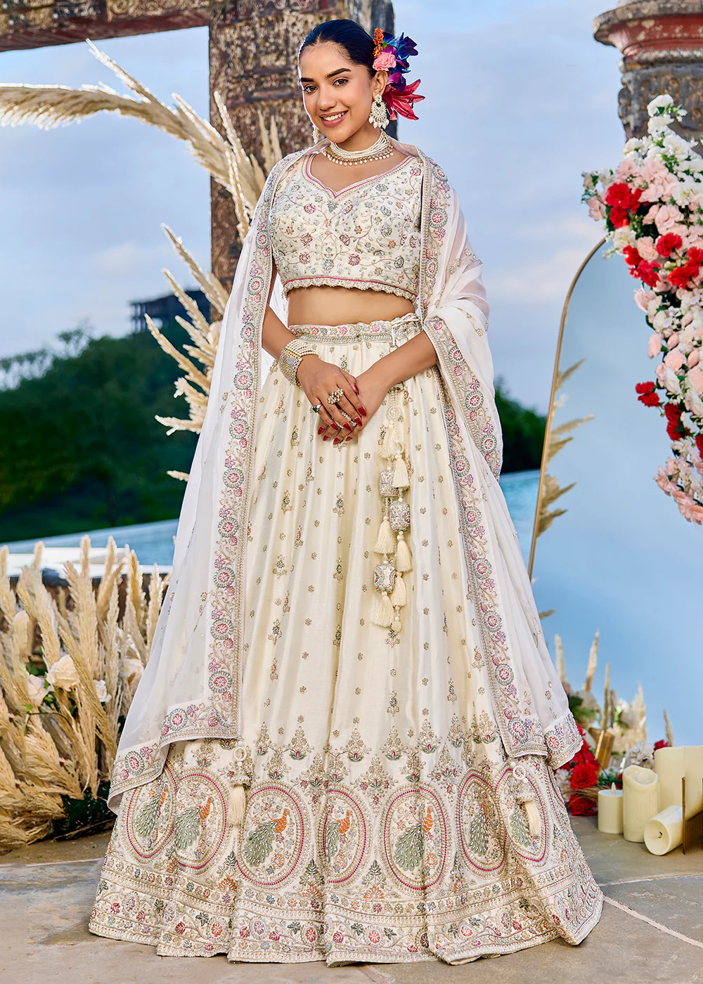 Silk Fabric Cream Color Wedding Wear Lehenga Choli