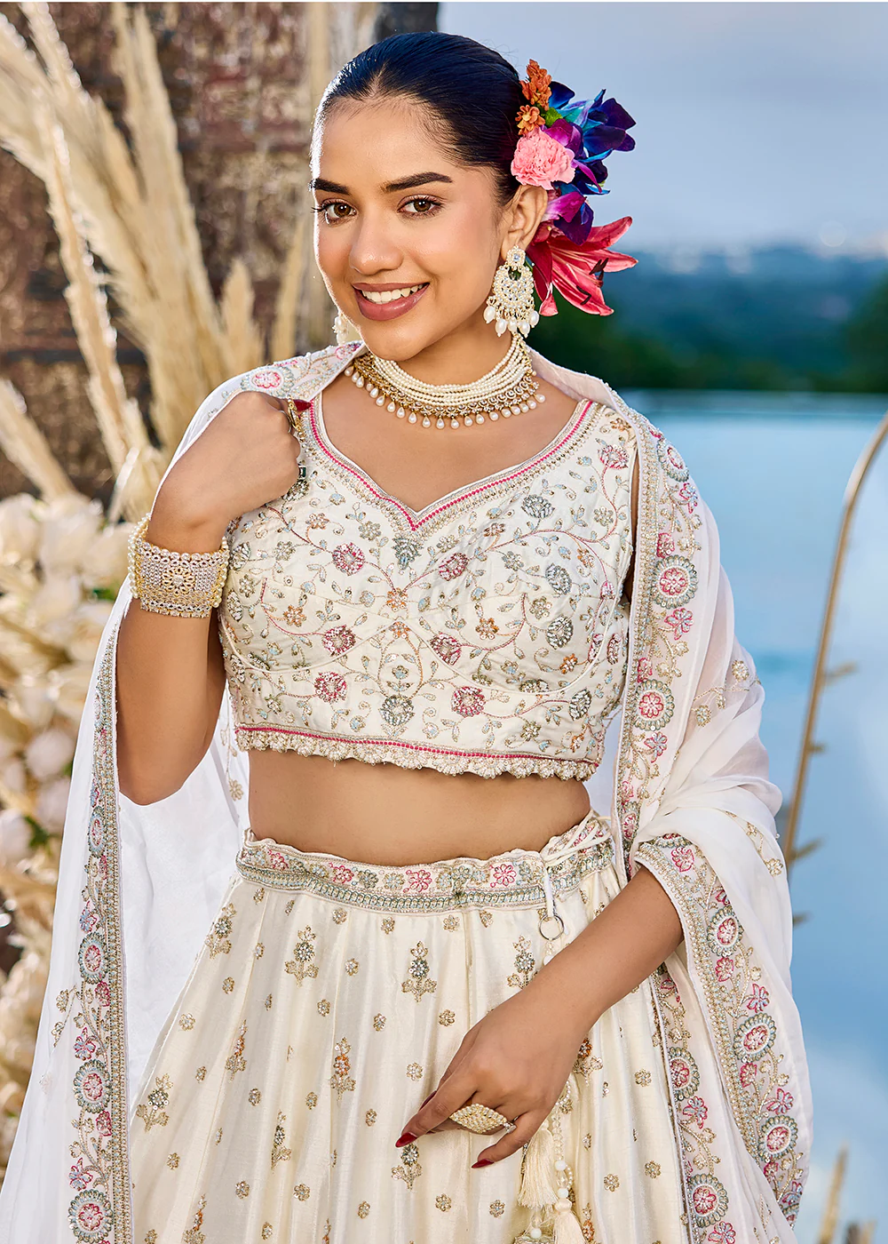 Silk Fabric Cream Color Wedding Wear Lehenga Choli - Image 2