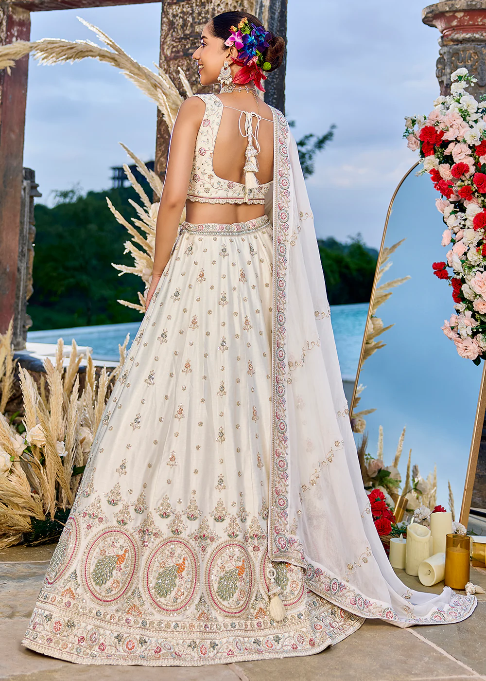 Silk Fabric Cream Color Wedding Wear Lehenga Choli - Image 3
