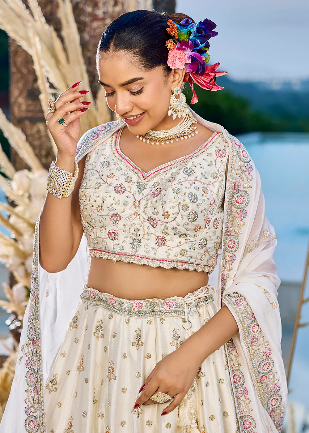 Silk Fabric Cream Color Wedding Wear Lehenga Choli - Image 4
