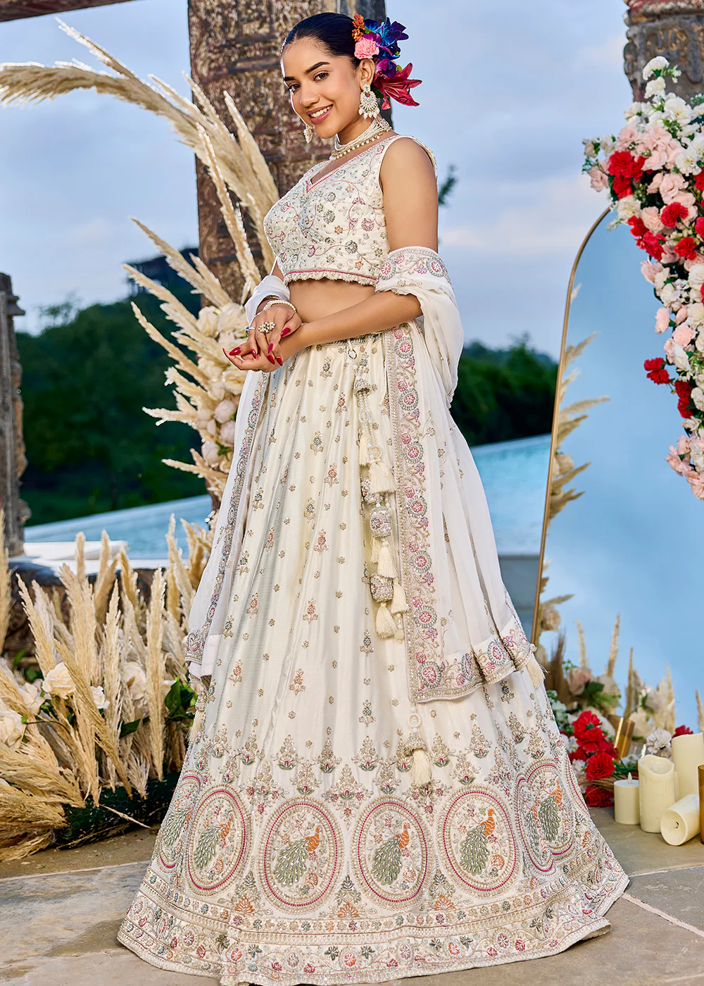 Silk Fabric Cream Color Wedding Wear Lehenga Choli - Image 5