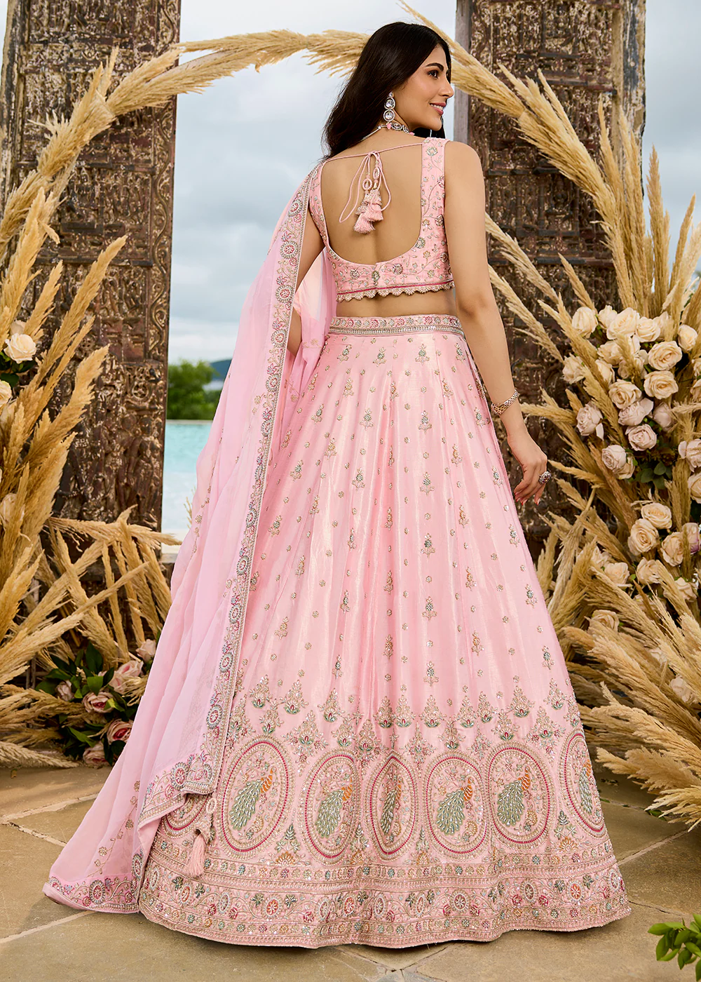 Silk Fabric Pink Color Wedding Wear Lehenga Choli - Image 3