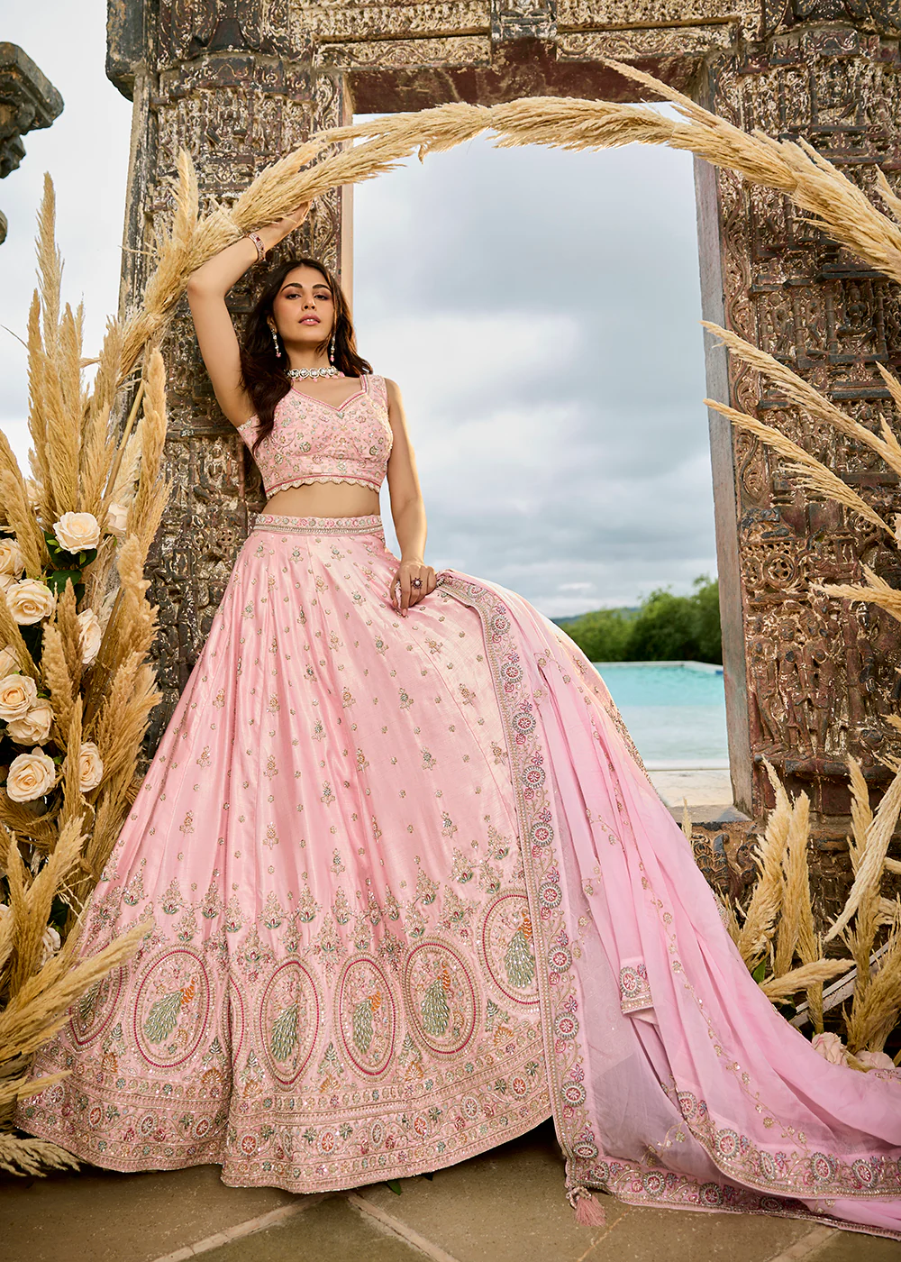 Silk Fabric Pink Color Wedding Wear Lehenga Choli - Image 4