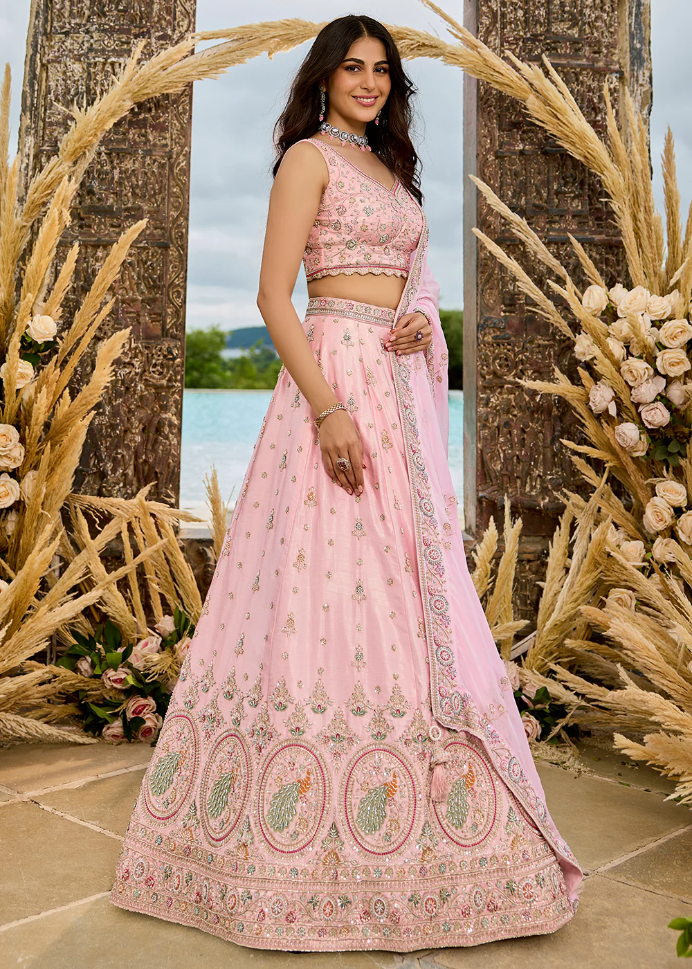 Silk Fabric Pink Color Wedding Wear Lehenga Choli - Image 6