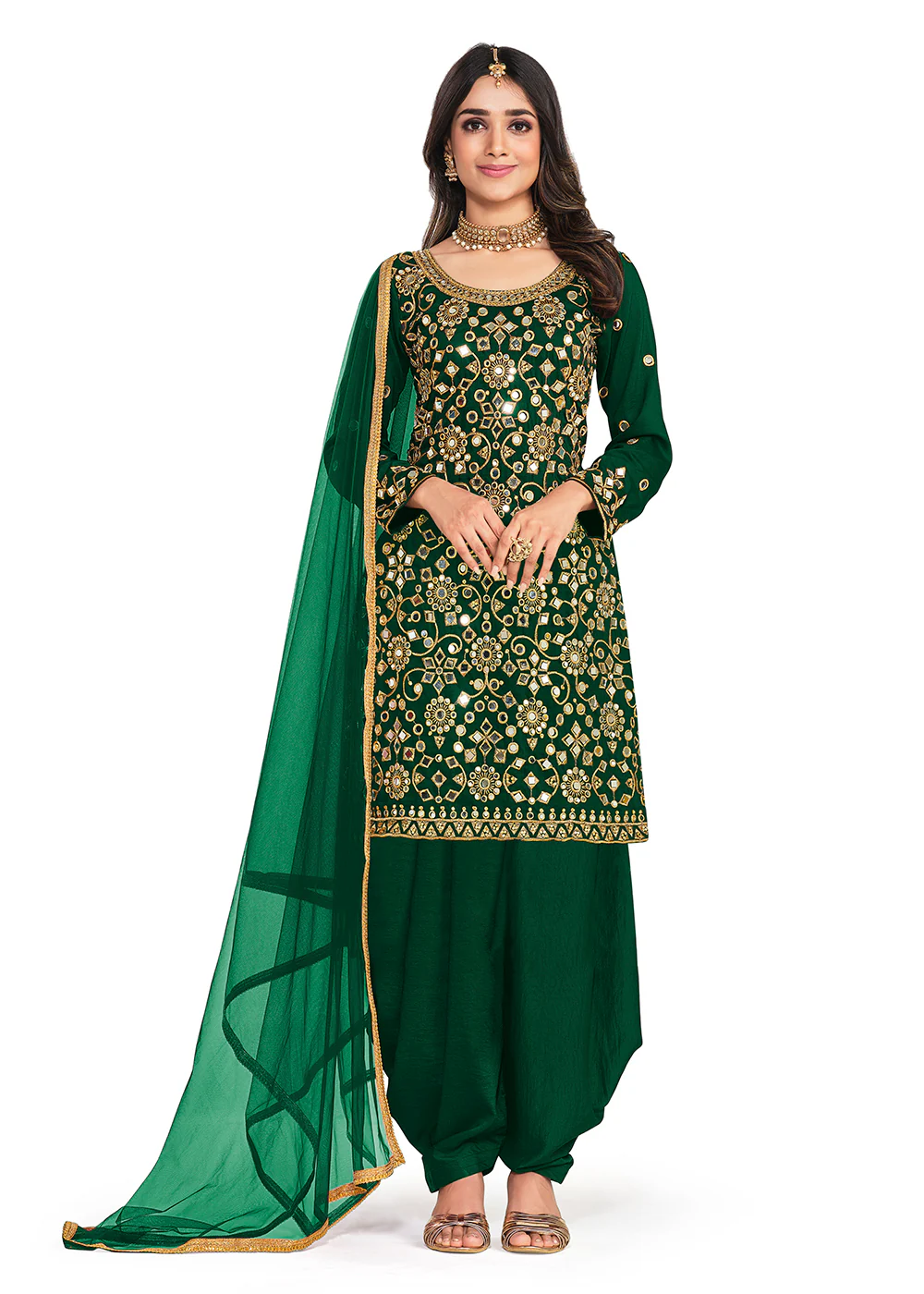 Silk Lovely Green Mirror Work Patiala Salwar Kameez