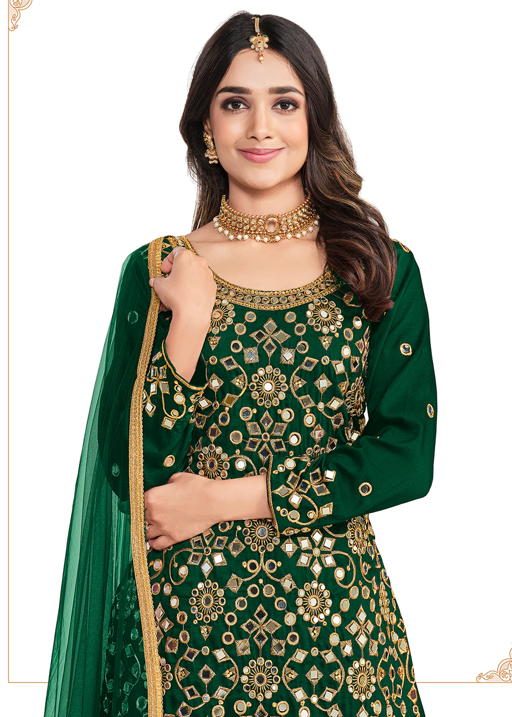 Silk Lovely Green Mirror Work Patiala Salwar Kameez - Image 2