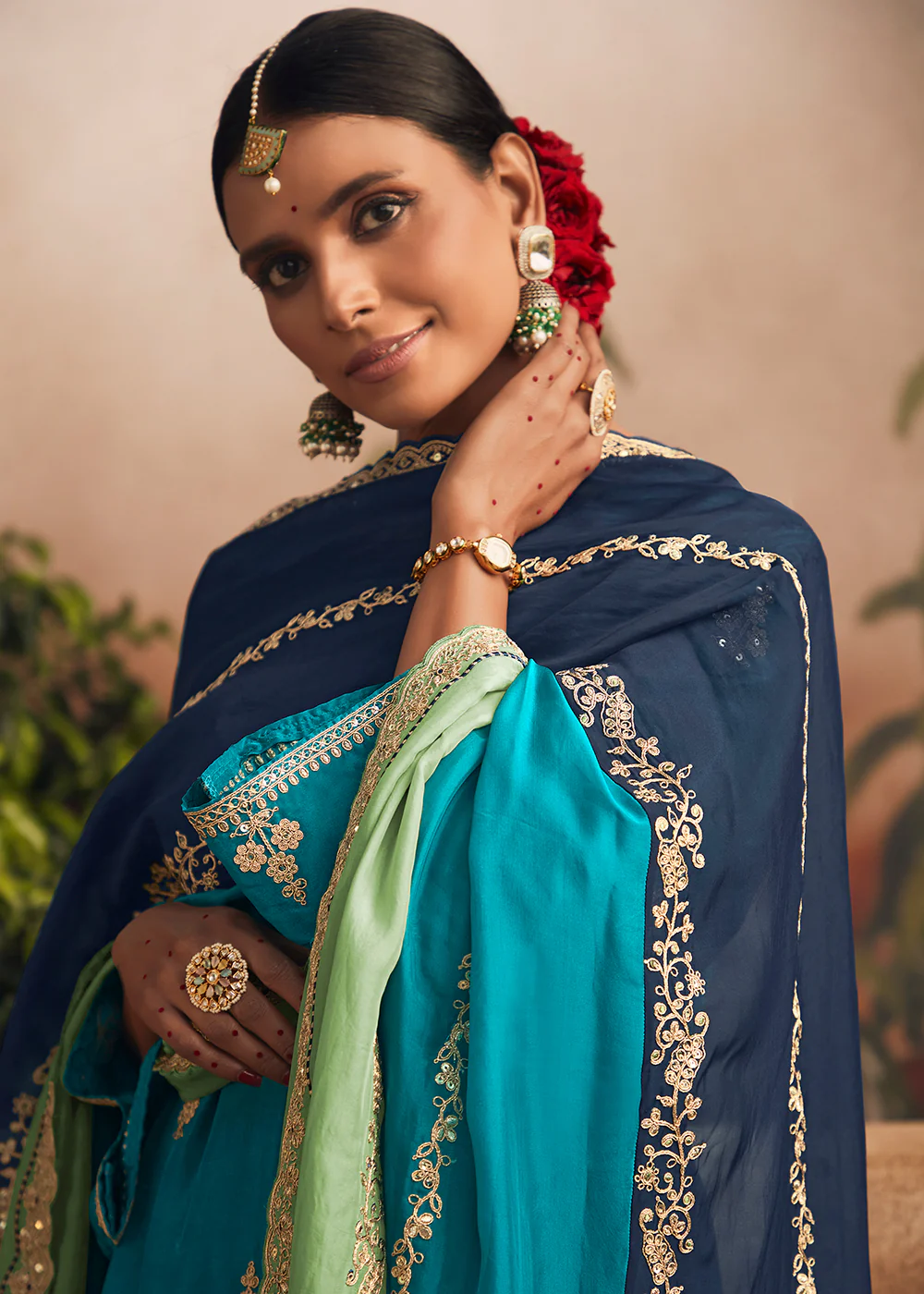 Silk Modale Aqua Blue Embroidered Festive Salwar Suit - Image 2