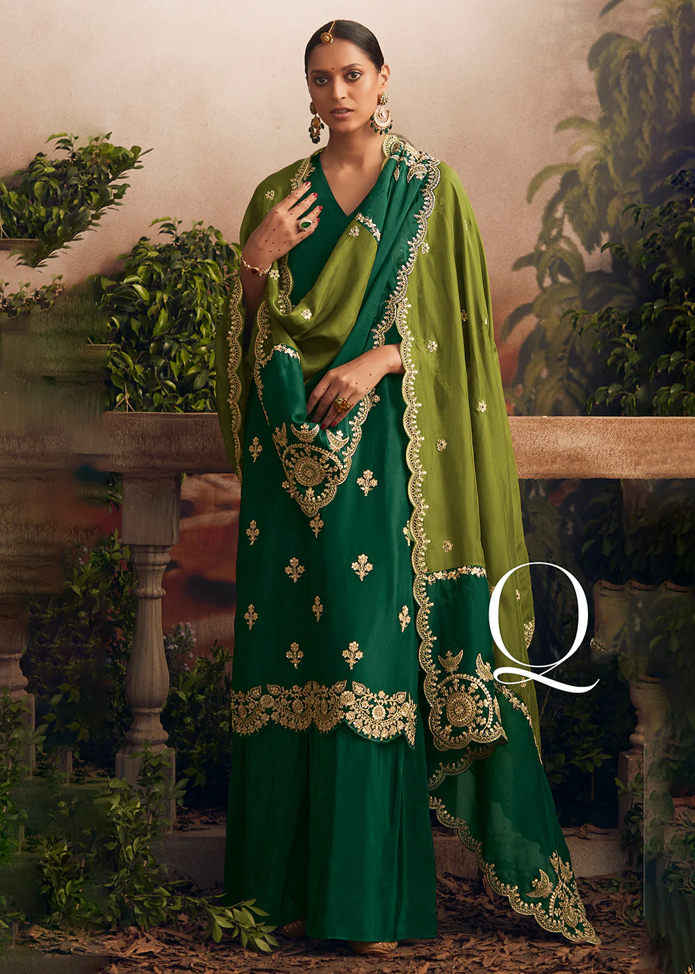 Silk Modale Dark Green Embroidered Festive Palazzo Suit - Image 3