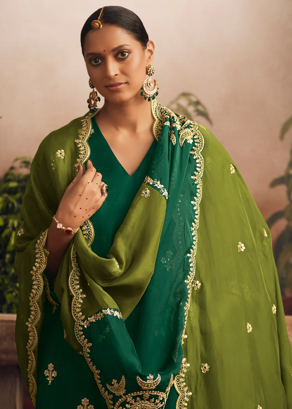 Silk Modale Dark Green Embroidered Festive Palazzo Suit - Image 4