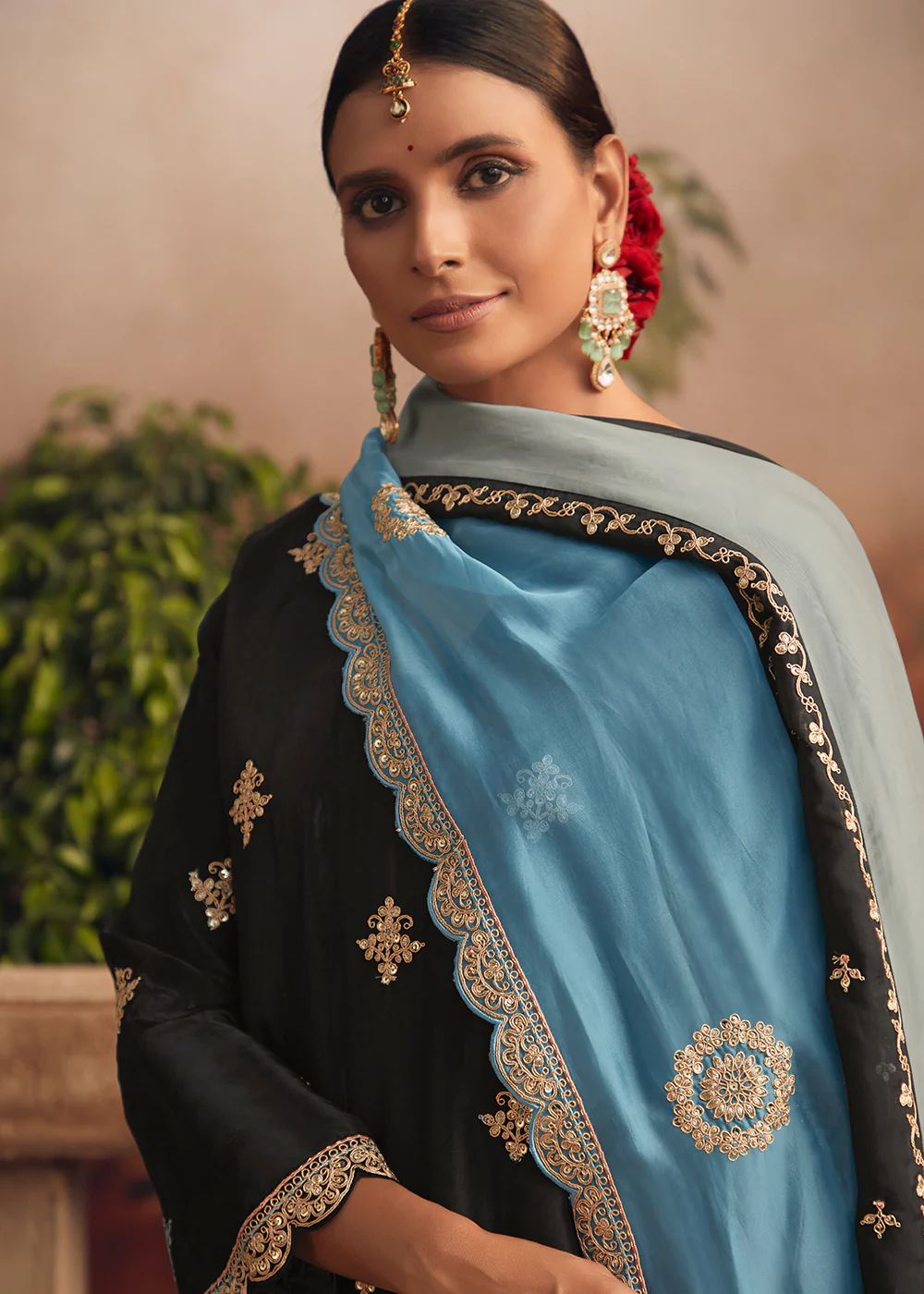 Silk Modale Jet Black Embroidered Festive Salwar Suit - Image 2