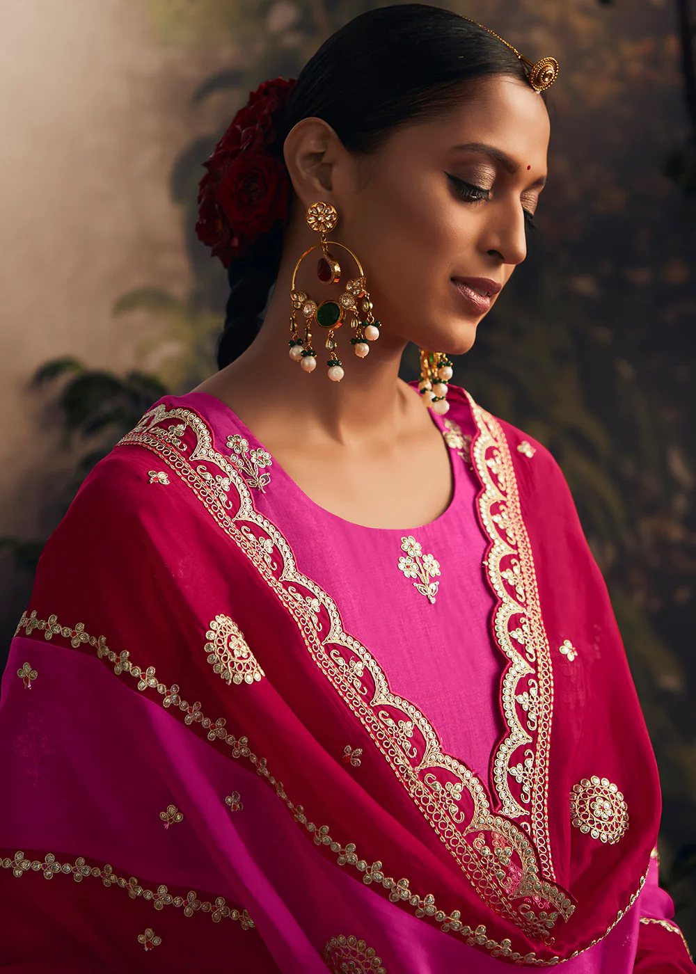 Silk Modale Magenta Pink Embroidered Festive Salwar Suit - Image 3