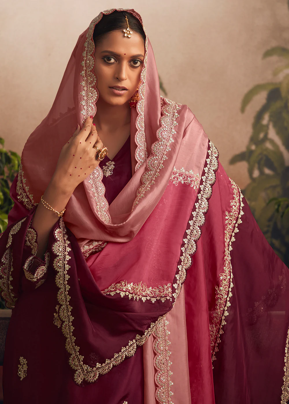 Silk Modale Maroon Embroidered Festive Palazzo Suit - Image 2