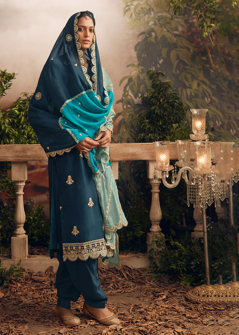 Silk Modale Teal Blue Embroidered Festive Salwar Suit - Image 3