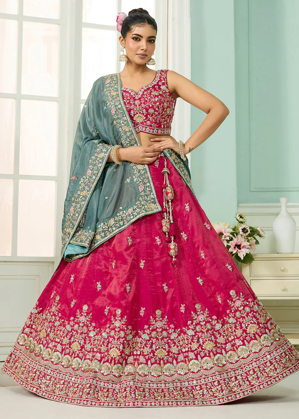 Silk Pink Heavy Embroidered Wedding Lehenga Choli
