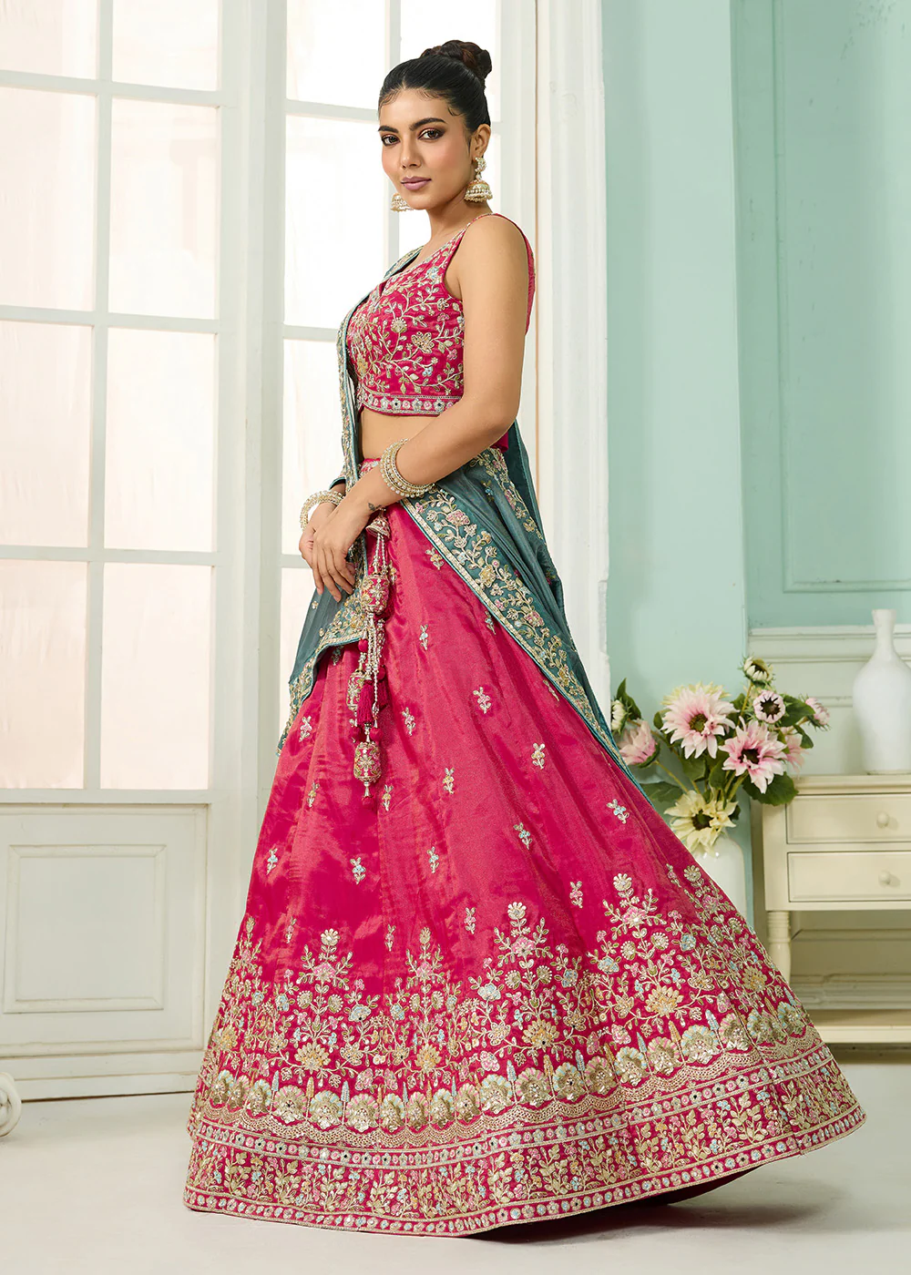 Silk Pink Heavy Embroidered Wedding Lehenga Choli - Image 6
