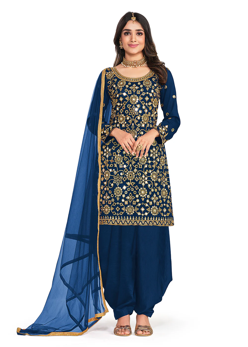 Silk Pleasing Blue Mirror Work Patiala Salwar Kameez