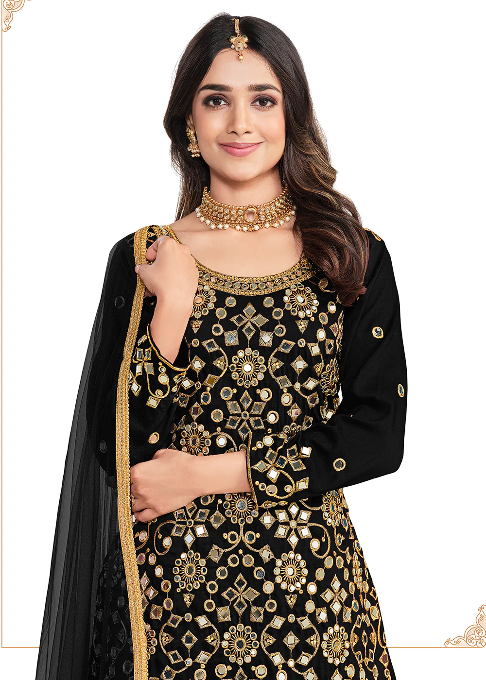 Silk Rich Black Mirror Work Patiala Salwar Kameez - Image 2