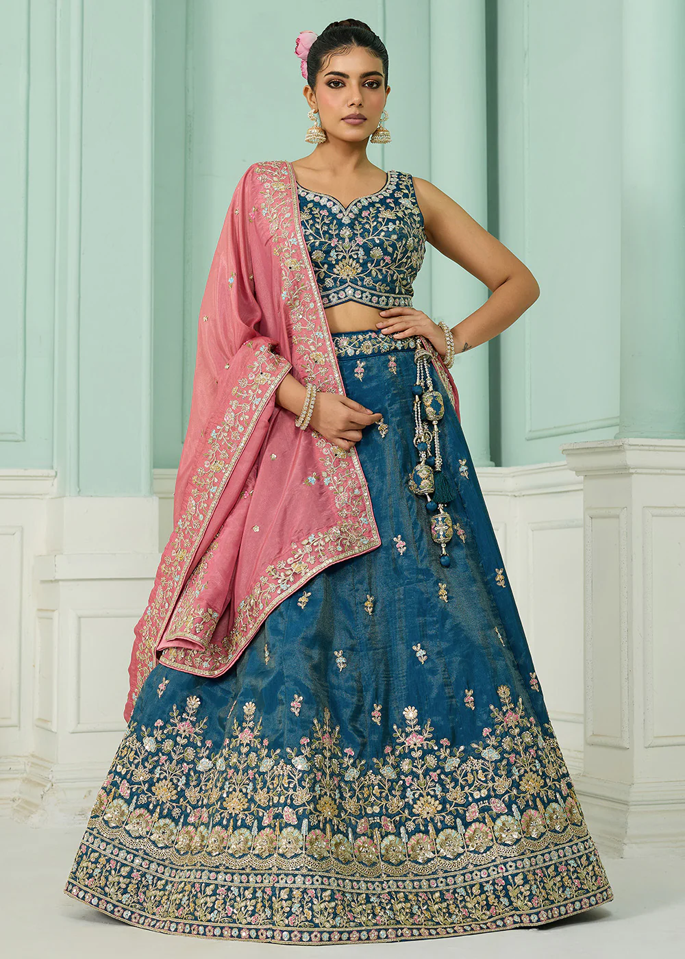Silk Teal Heavy Embroidered Wedding Lehenga Choli