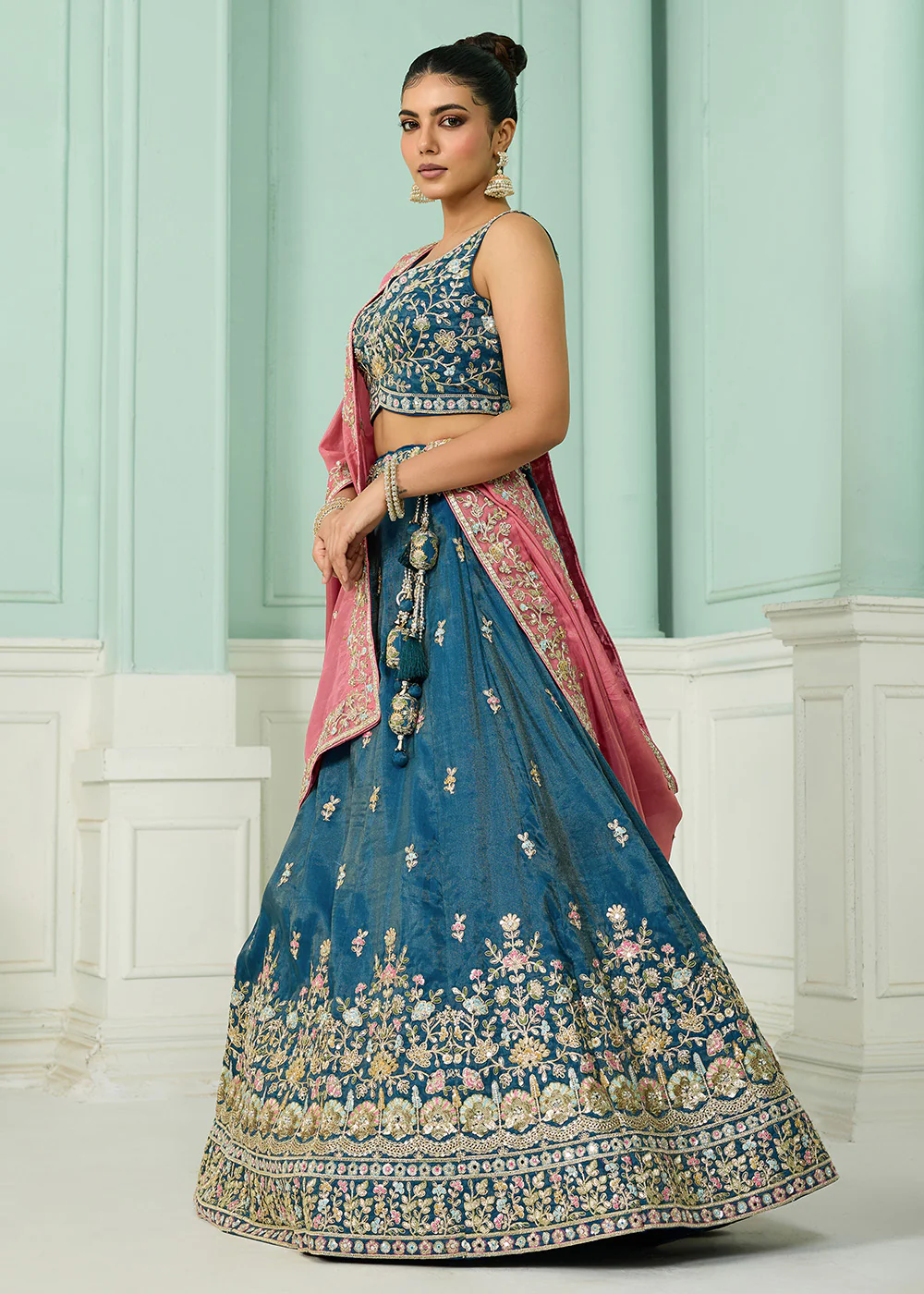 Silk Teal Heavy Embroidered Wedding Lehenga Choli - Image 6