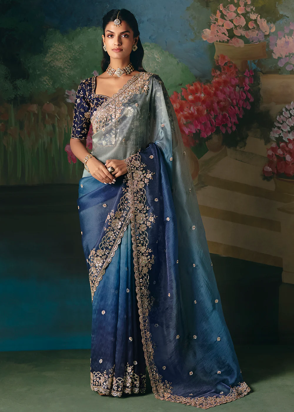 Silver Blue Premium Fancy Fabric Embellished Designer Saree