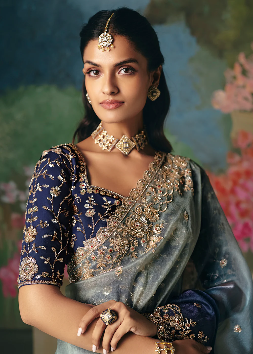 Silver Blue Premium Fancy Fabric Embellished Designer Saree - Image 2