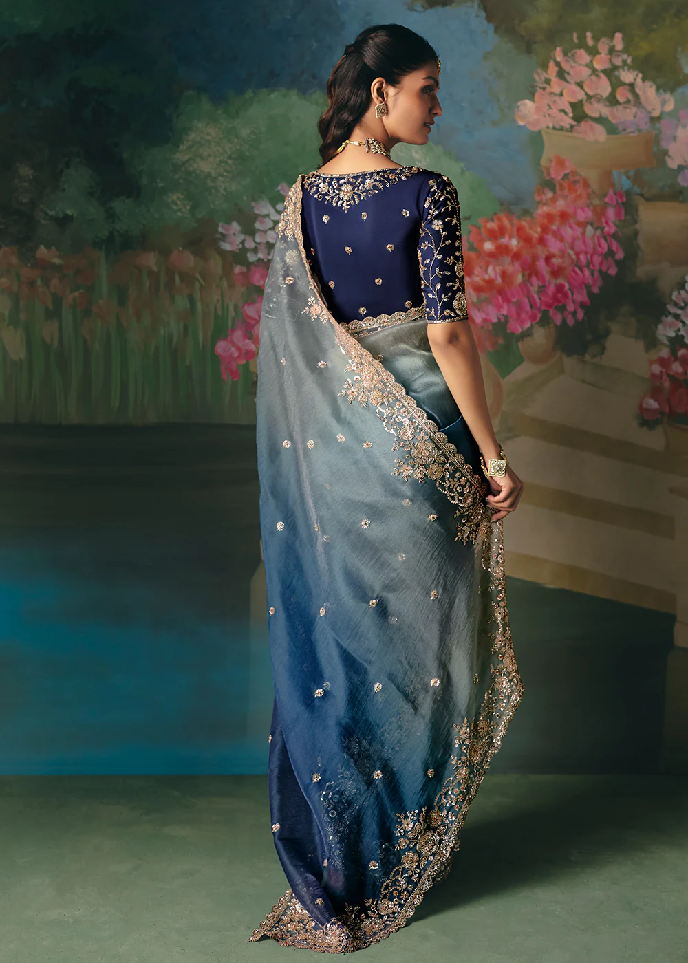 Silver Blue Premium Fancy Fabric Embellished Designer Saree - Image 3