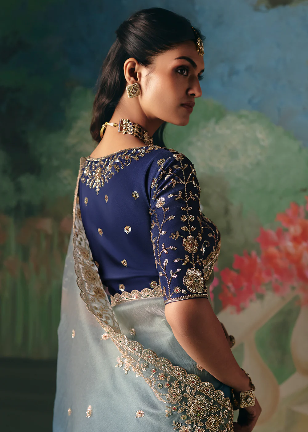 Silver Blue Premium Fancy Fabric Embellished Designer Saree - Image 4