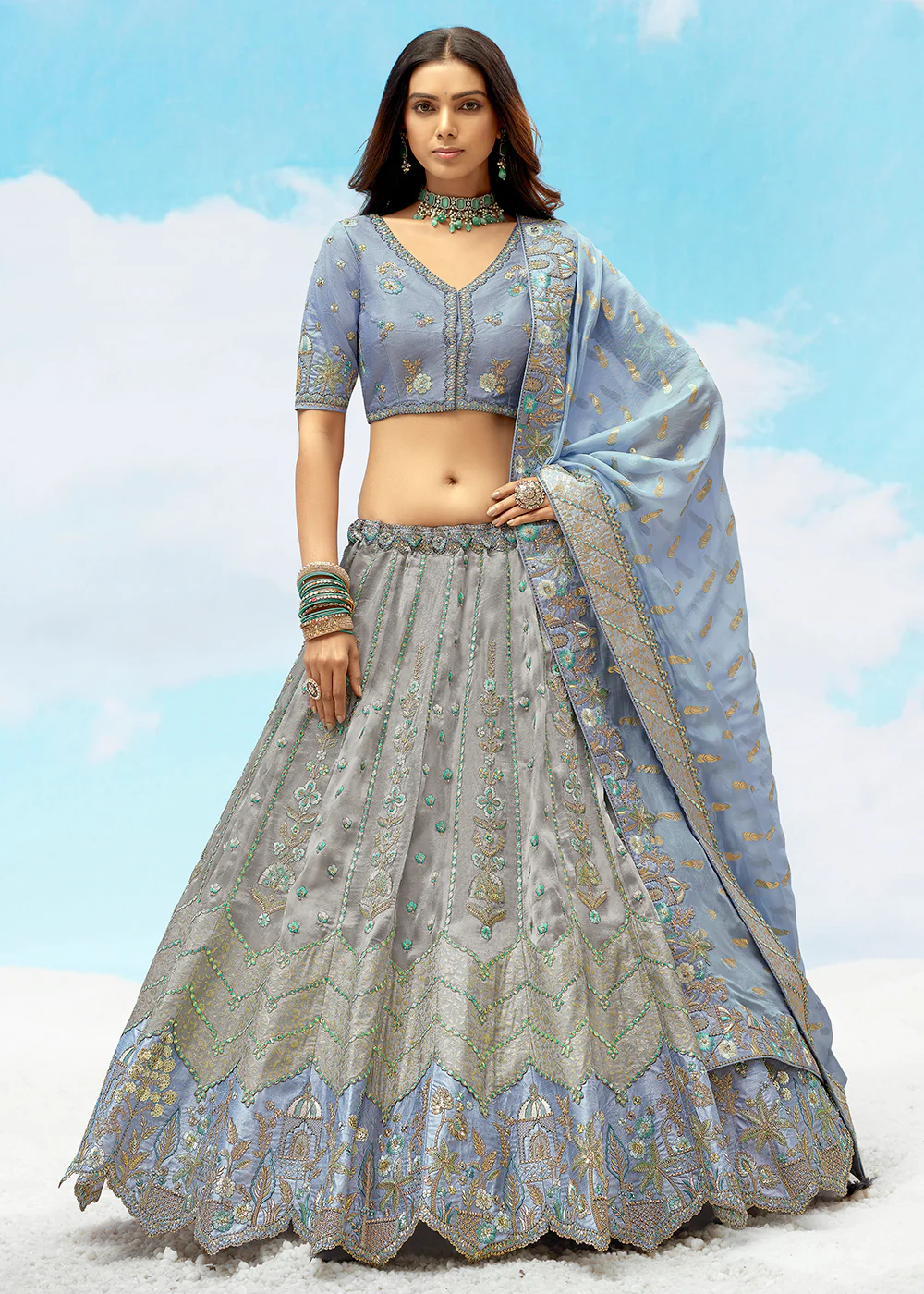 Silver Grey Fancy Silk Heavy Embroidered Bridal Lehenga Choli