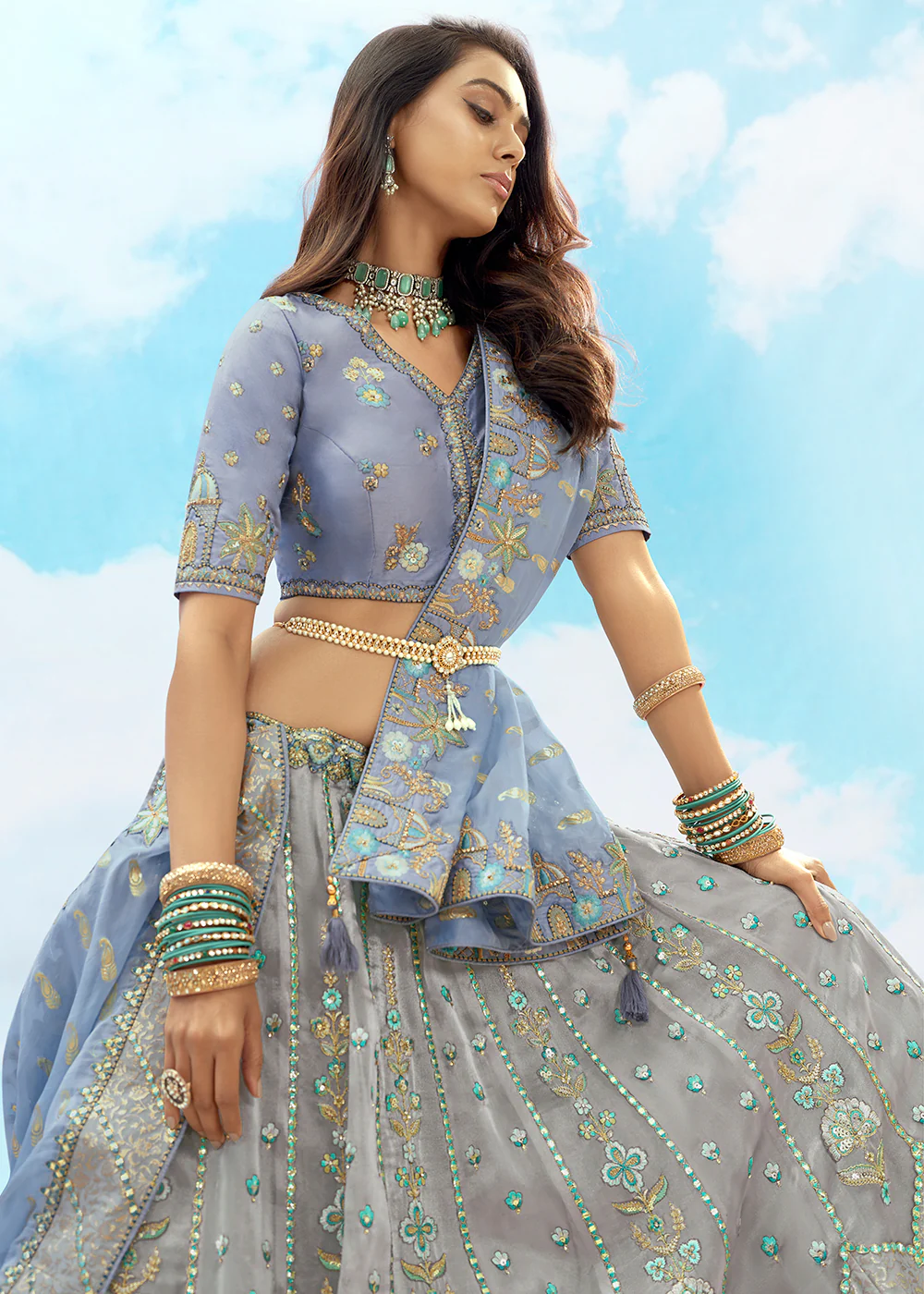 Silver Grey Fancy Silk Heavy Embroidered Bridal Lehenga Choli - Image 2