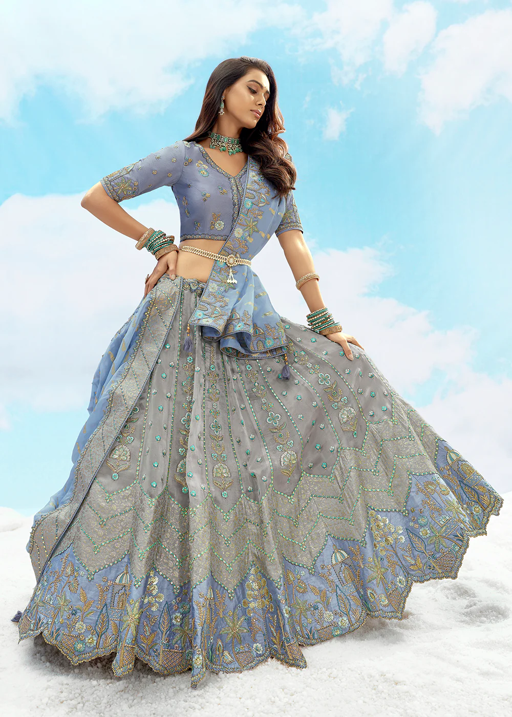 Silver Grey Fancy Silk Heavy Embroidered Bridal Lehenga Choli - Image 3