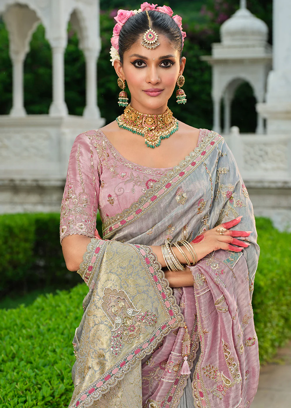 Silver & Lilac Silk Khatli Embroidered Saree - Image 2