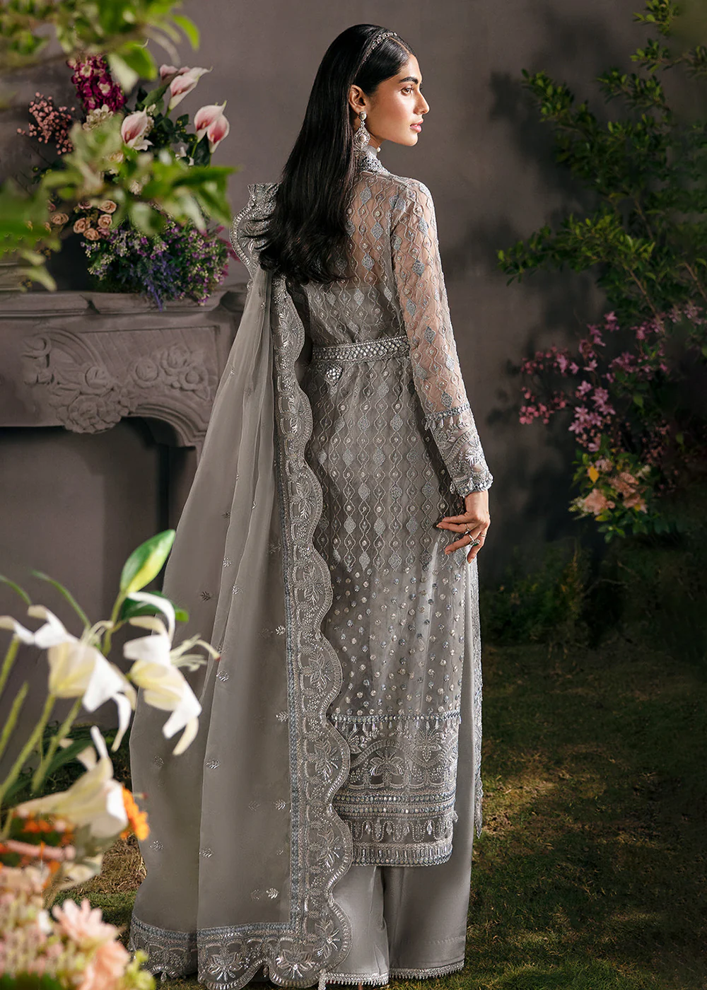 Silver Pakistani Salwar Suit - Afrozeh La Fuchsia Formals '23 - Moonlit - Image 3