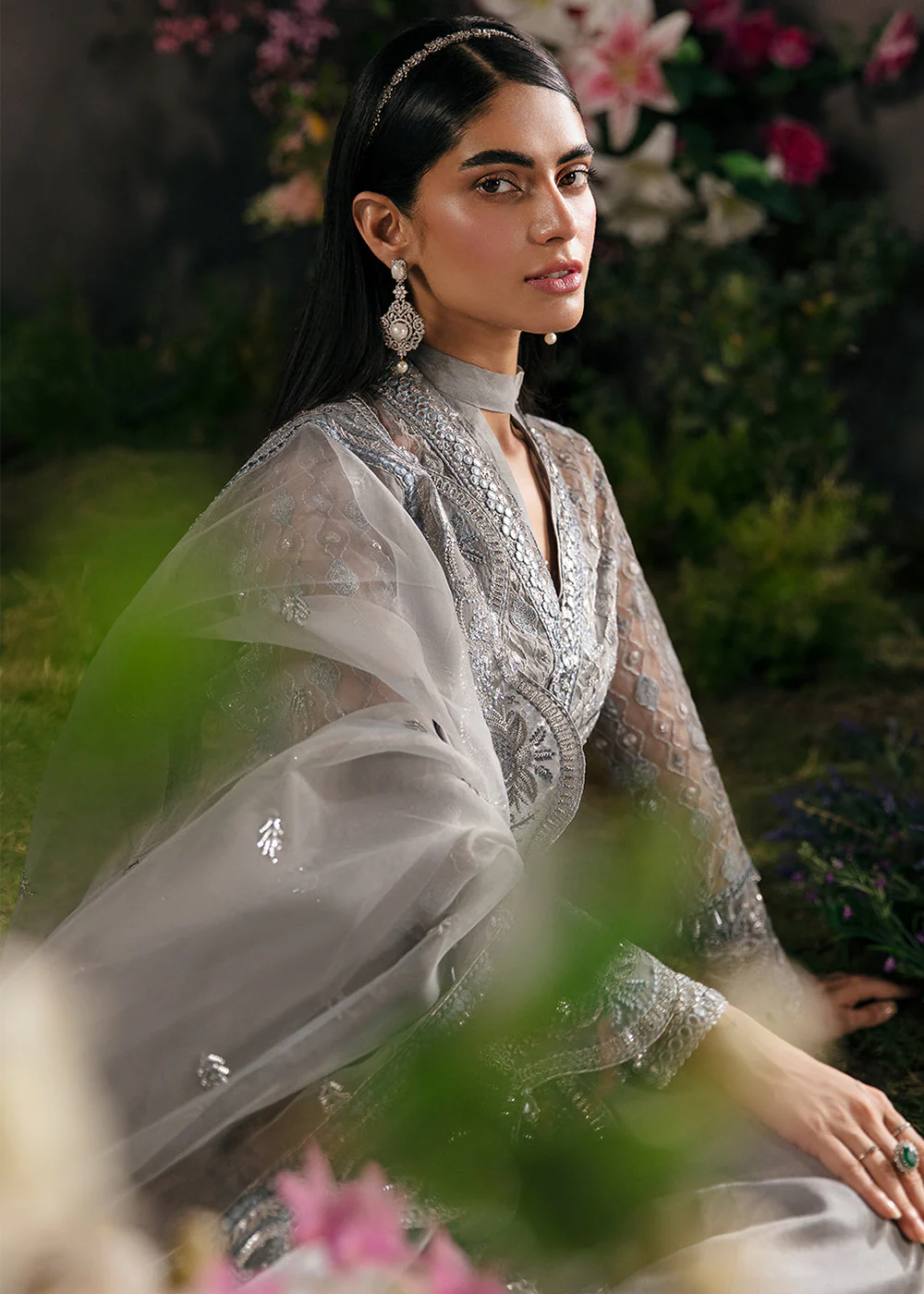 Silver Pakistani Salwar Suit - Afrozeh La Fuchsia Formals '23 - Moonlit - Image 6