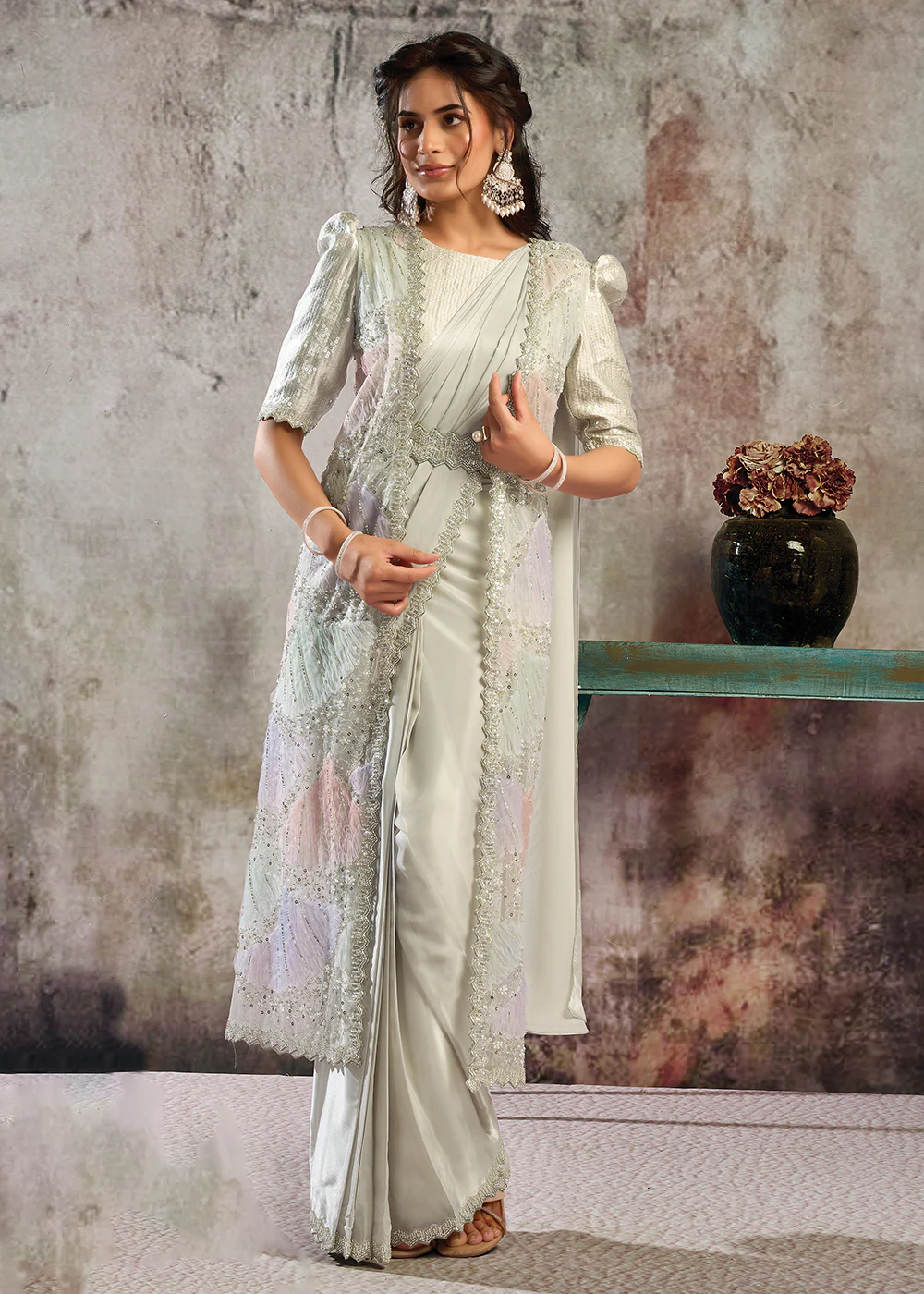 Silver White Designer Party Wear Pre Draped Saree