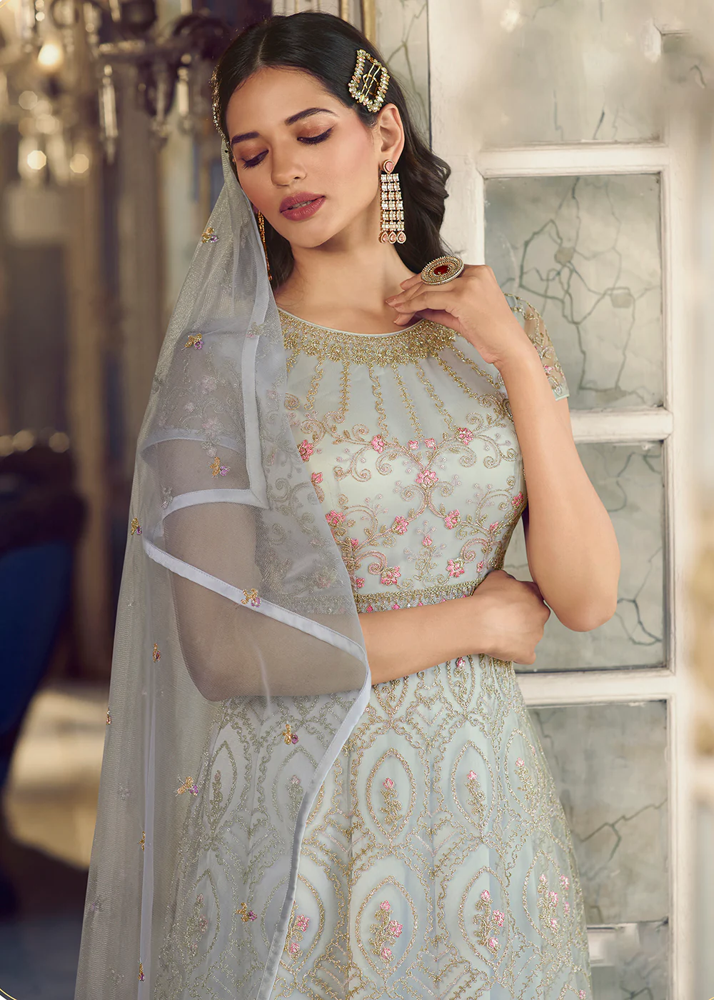 Silver White Wedding Party Net Designer Anarkali Suit - Image 2