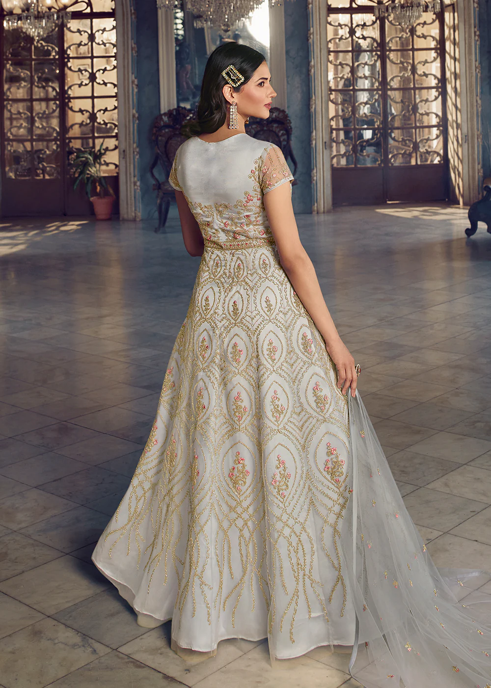 Silver White Wedding Party Net Designer Anarkali Suit - Image 3