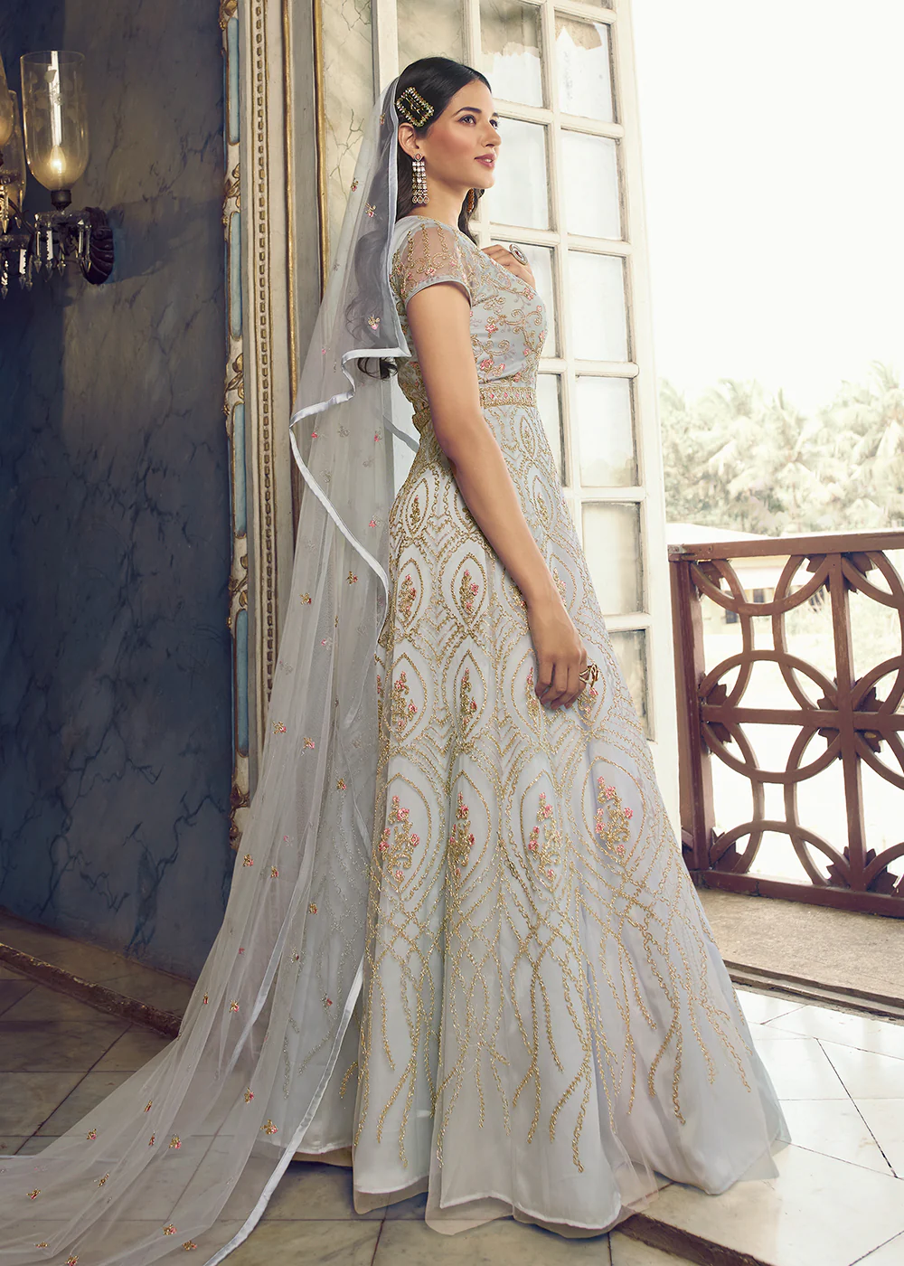 Silver White Wedding Party Net Designer Anarkali Suit - Image 4