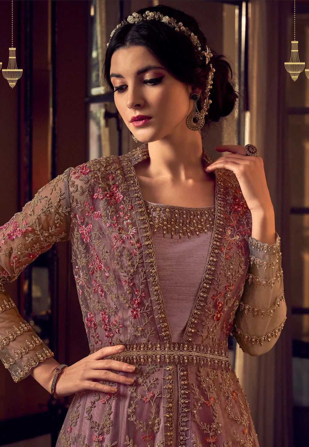 Sizzling Mauve Net Embroidered Designer Jacket Anarkali Suit - Image 2