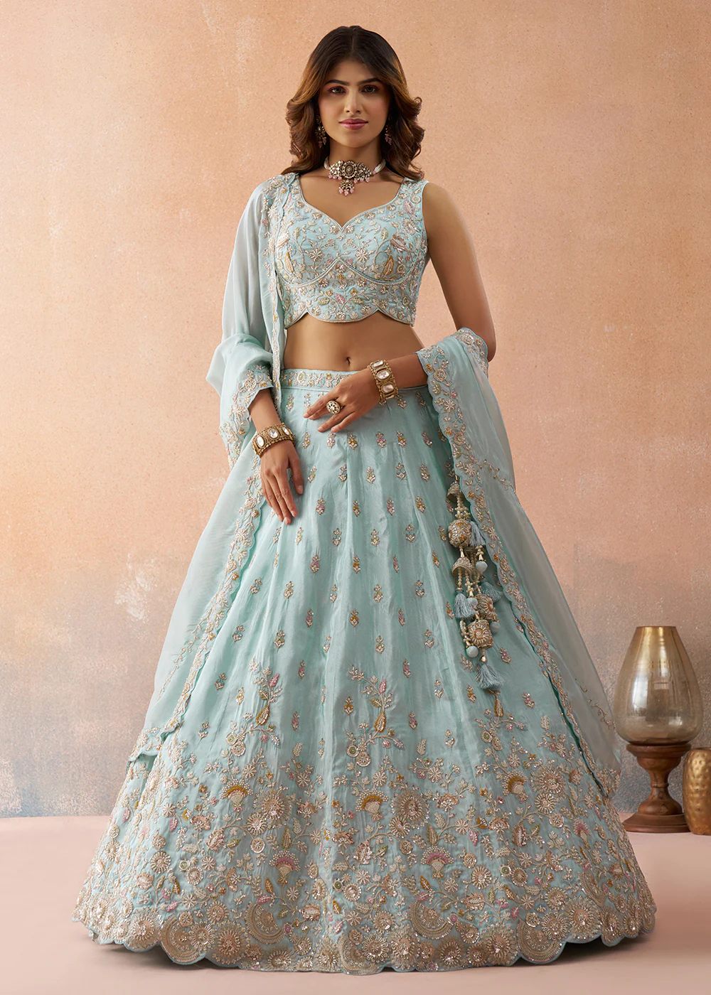 Sky Blue Beads & Sequins Wedding Lehenga Choli