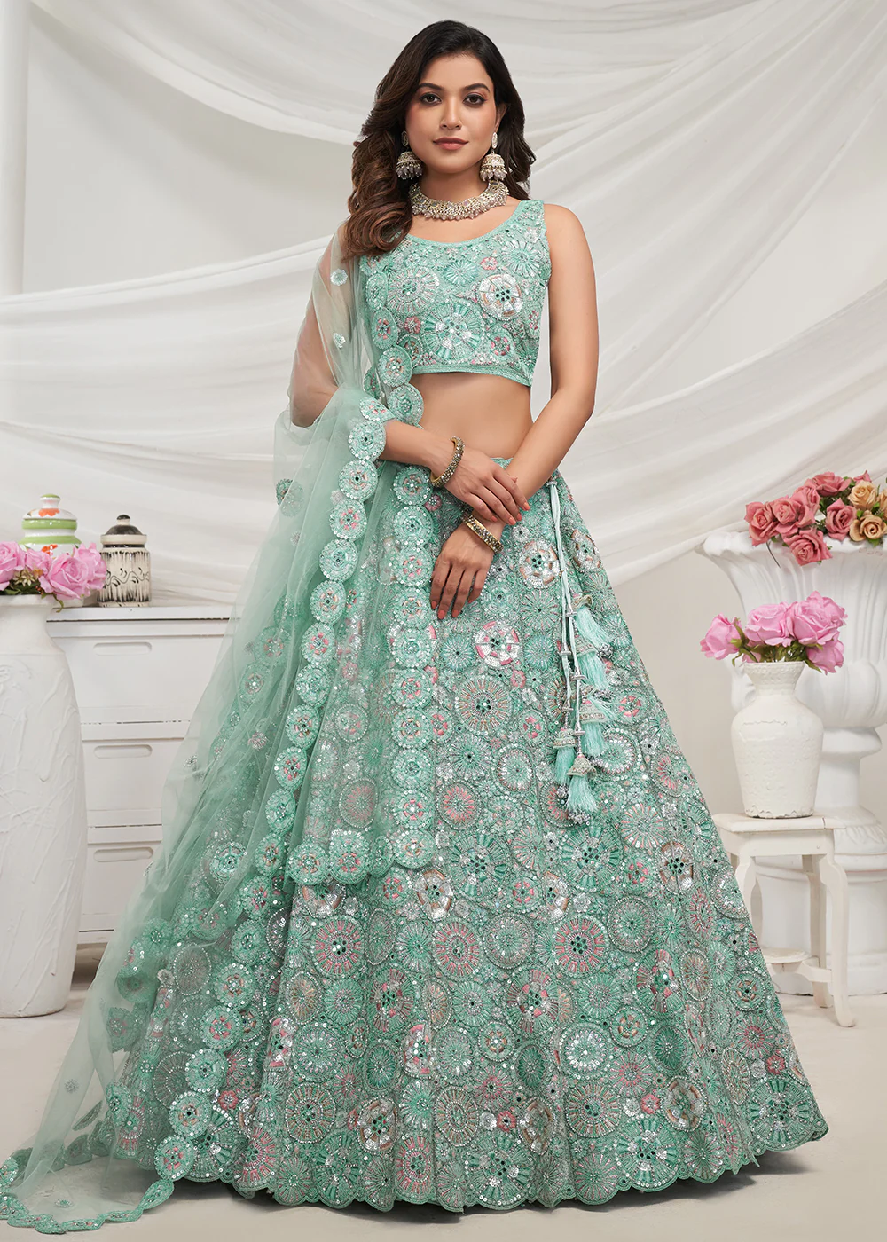 Sky Blue Bridal Mirror Embroidered Designer Lehenga Choli