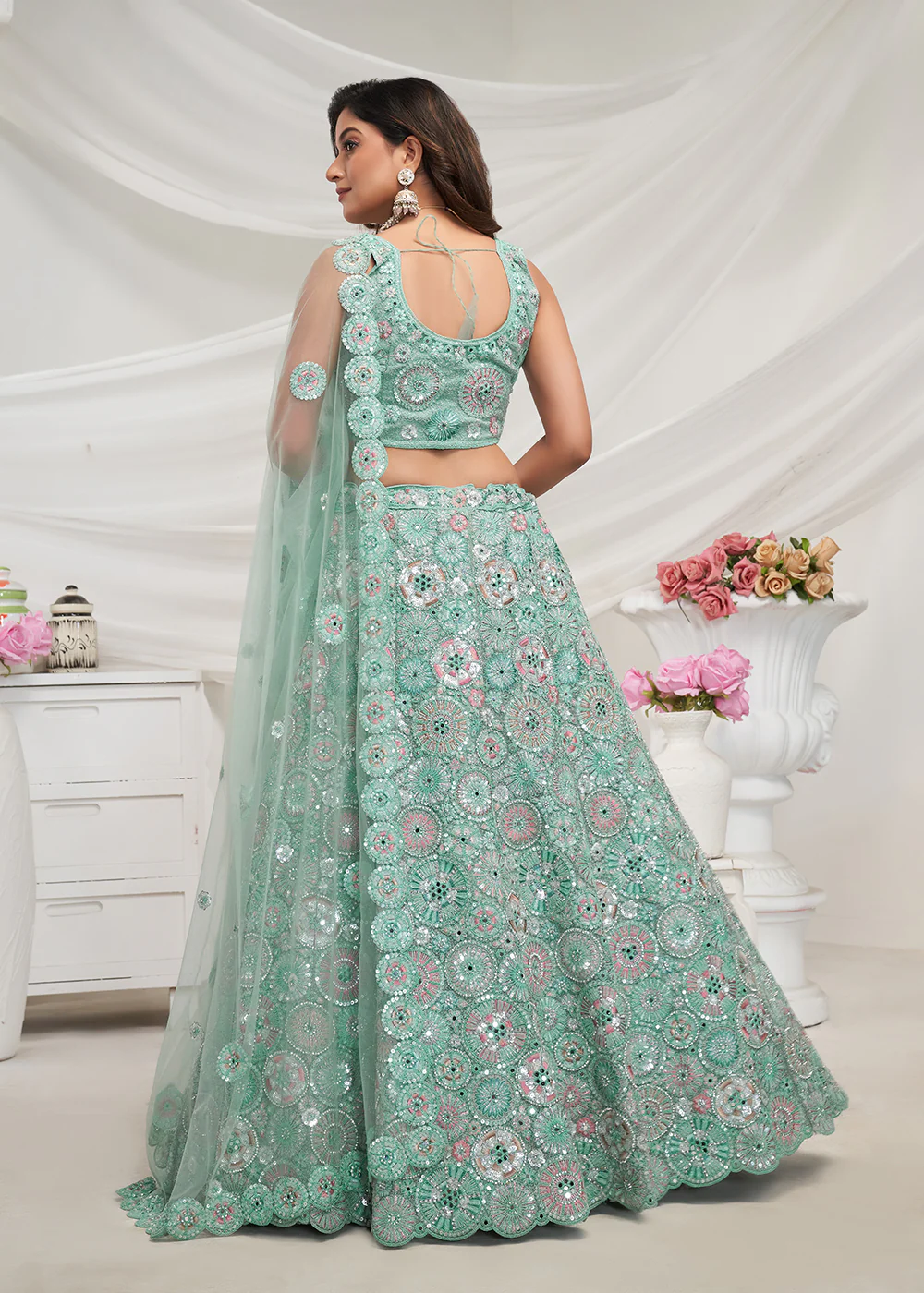 Sky Blue Bridal Mirror Embroidered Designer Lehenga Choli - Image 3