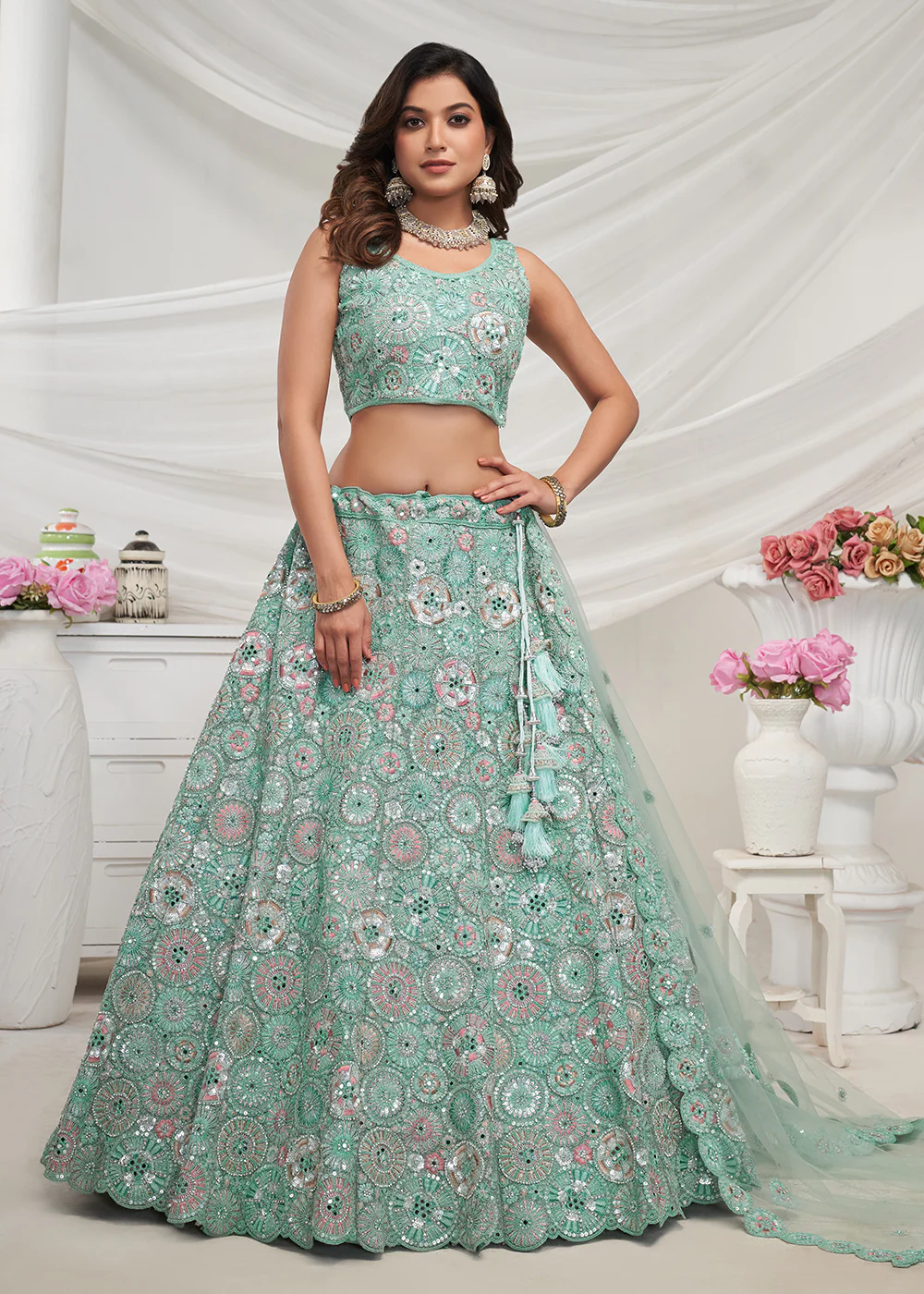 Sky Blue Bridal Mirror Embroidered Designer Lehenga Choli - Image 4