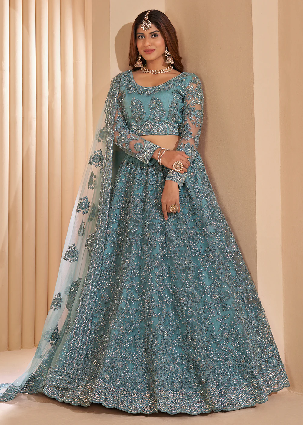 Sky Blue Designer Bridesmaids Wedding Lehenga Choli - Image 3