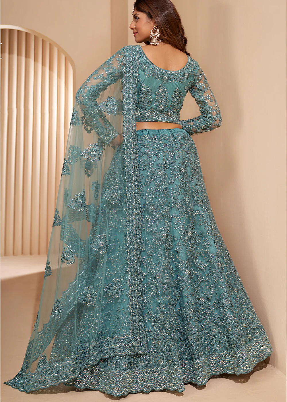 Sky Blue Designer Bridesmaids Wedding Lehenga Choli - Image 4
