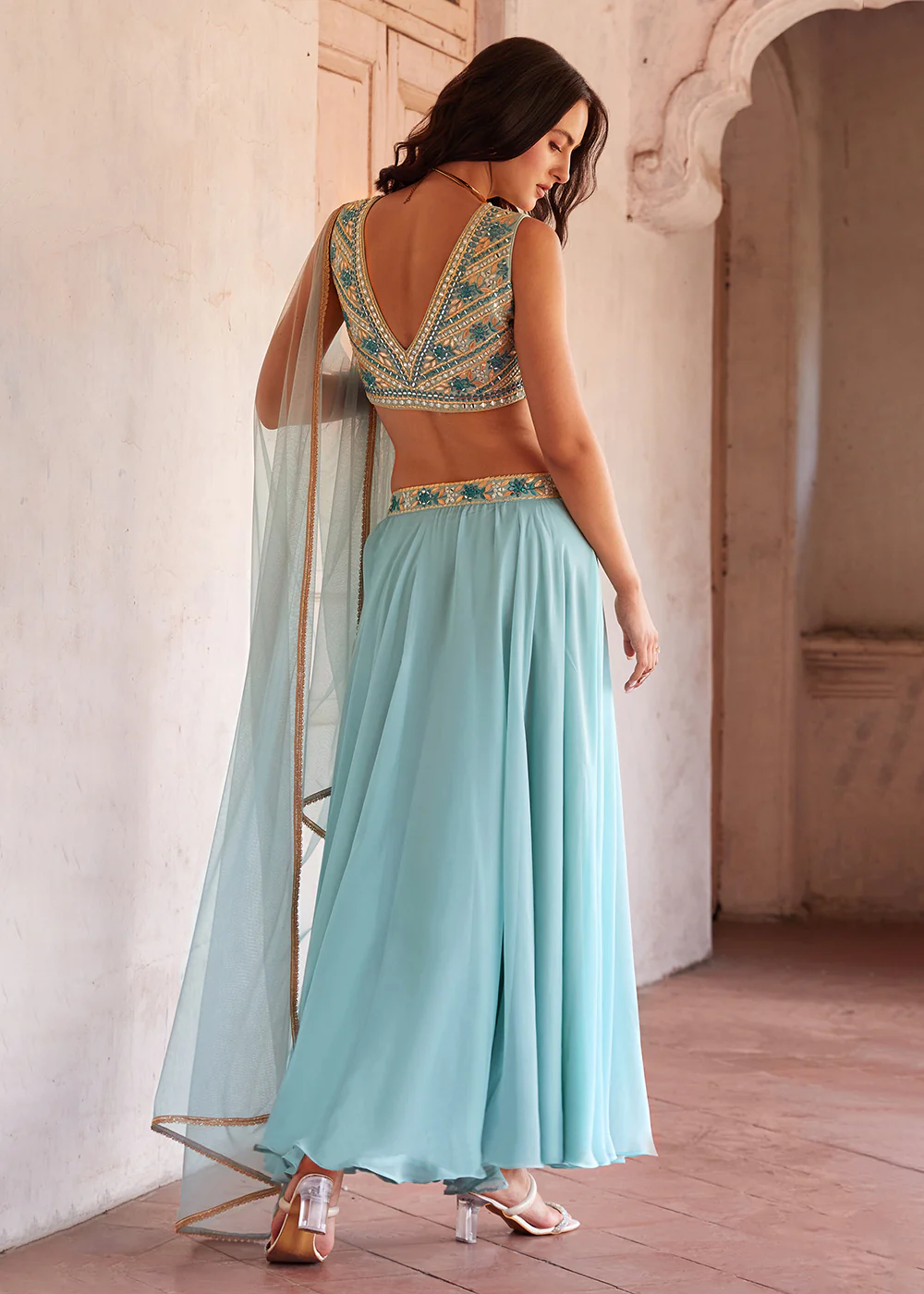 Sky Blue Designer Crop Top Style Lehenga Choli - Image 3