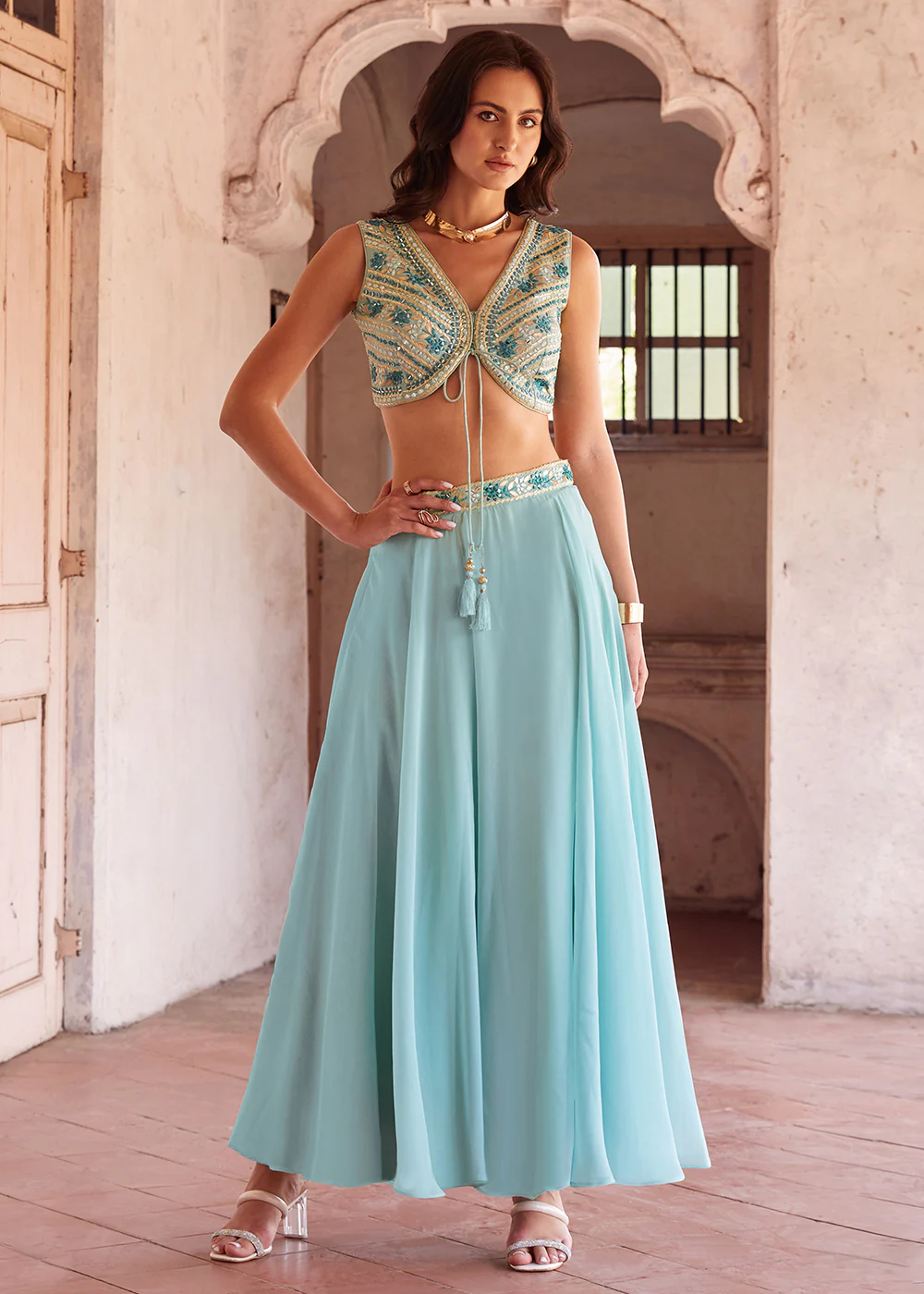 Sky Blue Designer Crop Top Style Lehenga Choli - Image 5