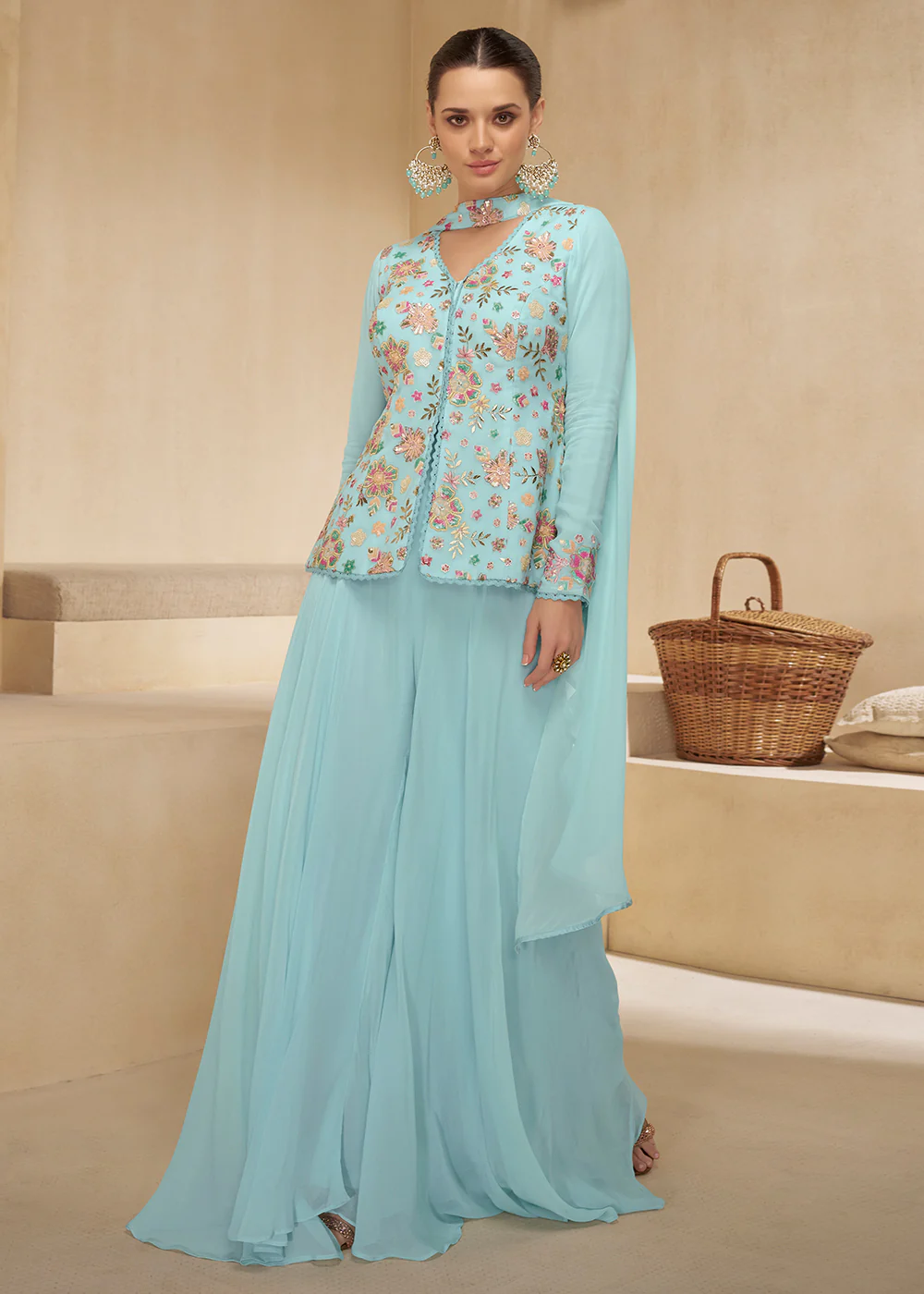 Sky Blue Designer Embroidered Party Wear Sharara Suit - Image 3