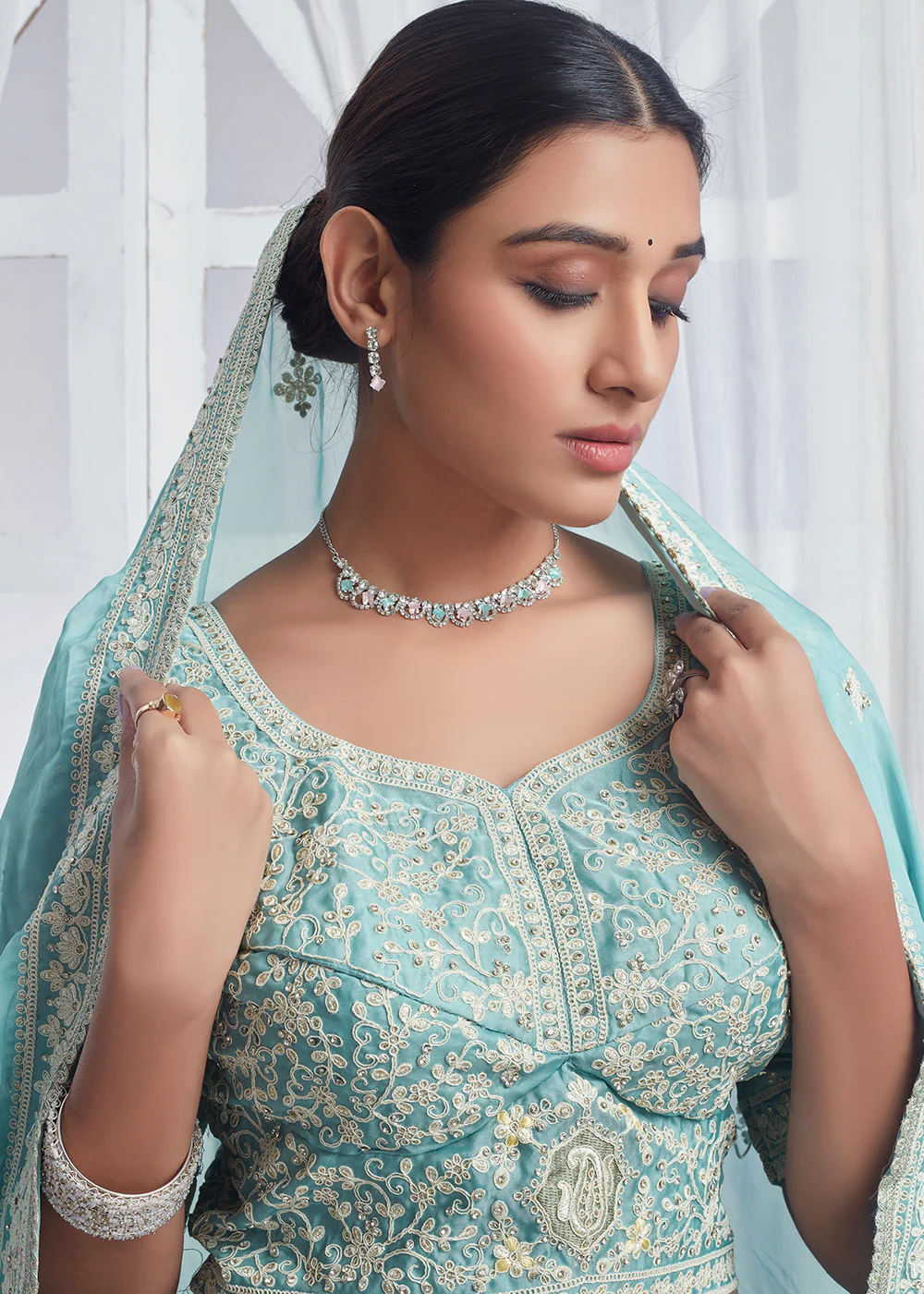 Sky Blue Designer Style Embroidered Wedding Lehenga Choli - Image 2