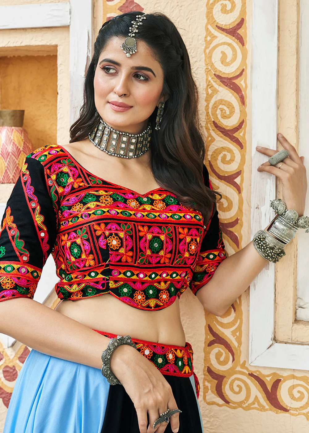 Sky Blue Embroidered with Mirror Work Chaniya Choli for Navratri - Image 4