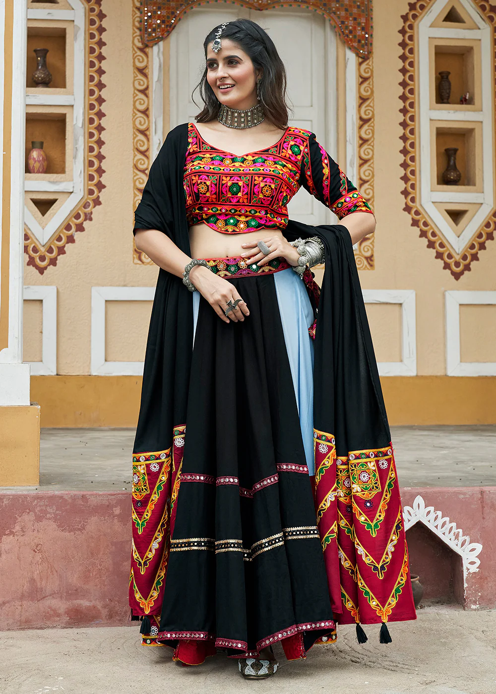 Sky Blue Embroidered with Mirror Work Chaniya Choli for Navratri - Image 5